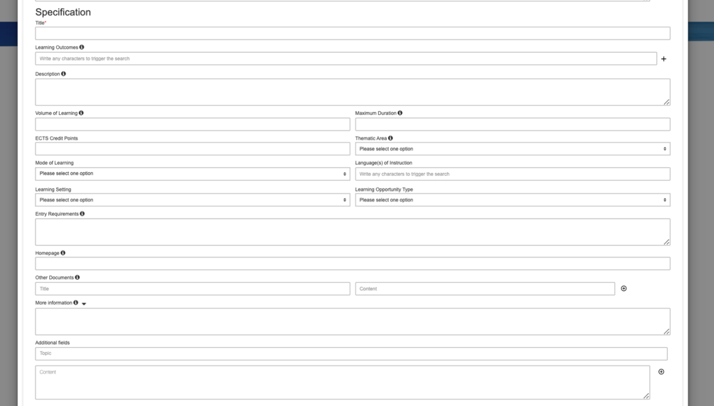 Figure: Screenshot of the specification tab